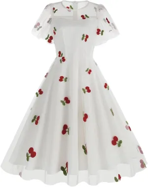 Women Floral Embroidery Dress Sheer Mesh Ruffle Sleeve Illusion Vintage Cocktail Swing Dress Tulle Dinner Dress