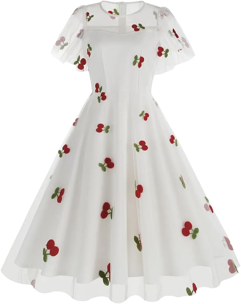 Women Floral Embroidery Dress Sheer Mesh Ruffle Sleeve Illusion Vintage Cocktail Swing Dress Tulle Dinner Dress