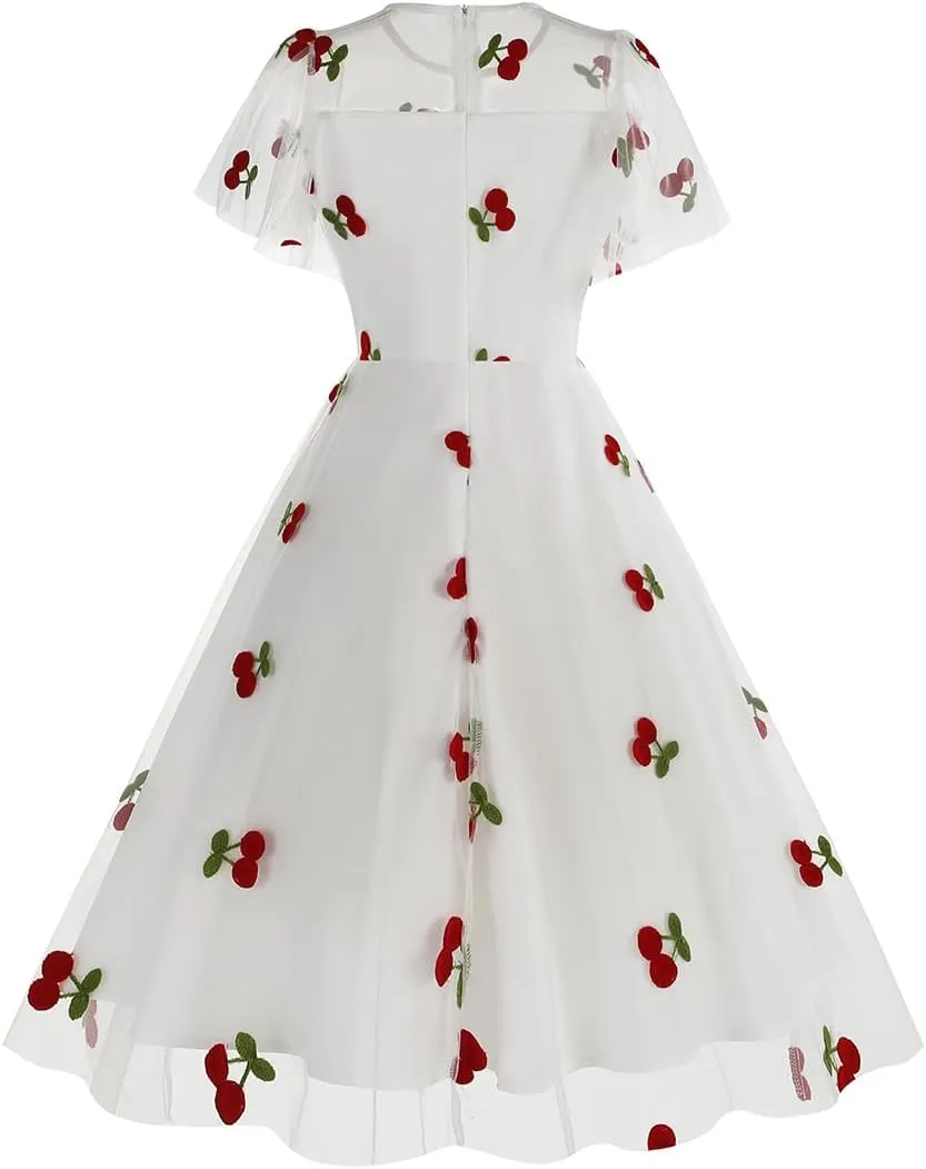 Women Floral Embroidery Dress Sheer Mesh Ruffle Sleeve Illusion Vintage Cocktail Swing Dress Tulle Dinner Dress