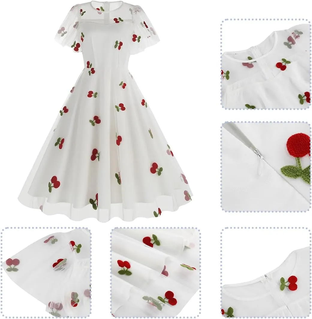 Women Floral Embroidery Dress Sheer Mesh Ruffle Sleeve Illusion Vintage Cocktail Swing Dress Tulle Dinner Dress
