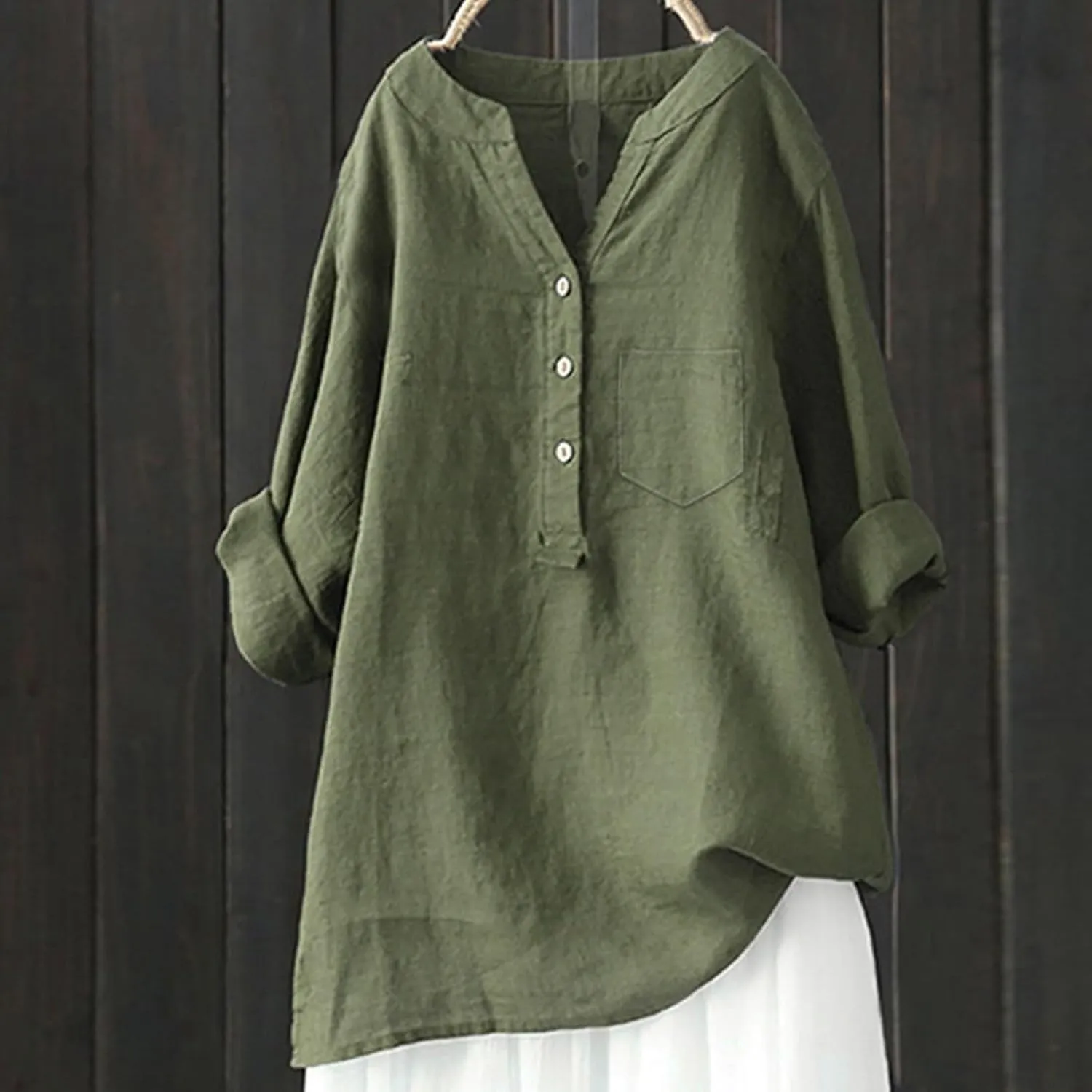 Women Loose Solid Linen Shirt Long Sleeve Button Up Mandarin Collar Top Awareness Womens Shirt