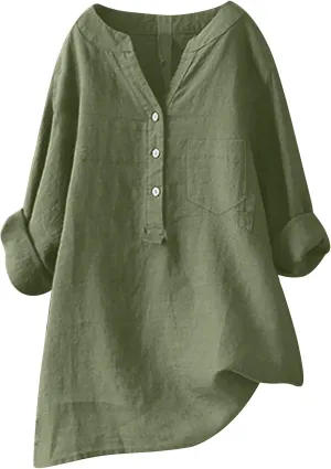 Women Loose Solid Linen Shirt Long Sleeve Button Up Mandarin Collar Top Awareness Womens Shirt