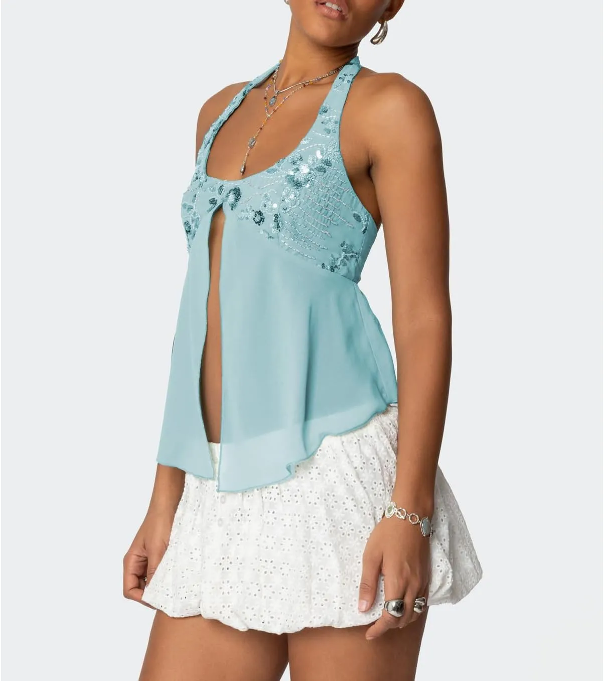 Women Sequin Beaded Halter Cami Top Y2k Glitter Low Cut Sleeveless Sparkly Tank Top Sexy Open Back Going Out Vest