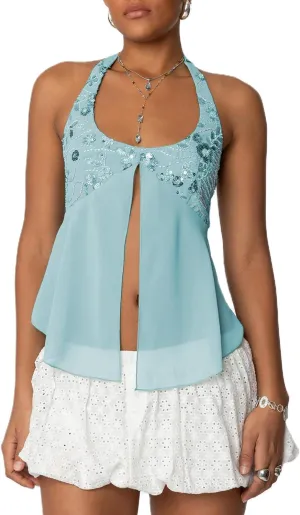 Women Sequin Beaded Halter Cami Top Y2k Glitter Low Cut Sleeveless Sparkly Tank Top Sexy Open Back Going Out Vest