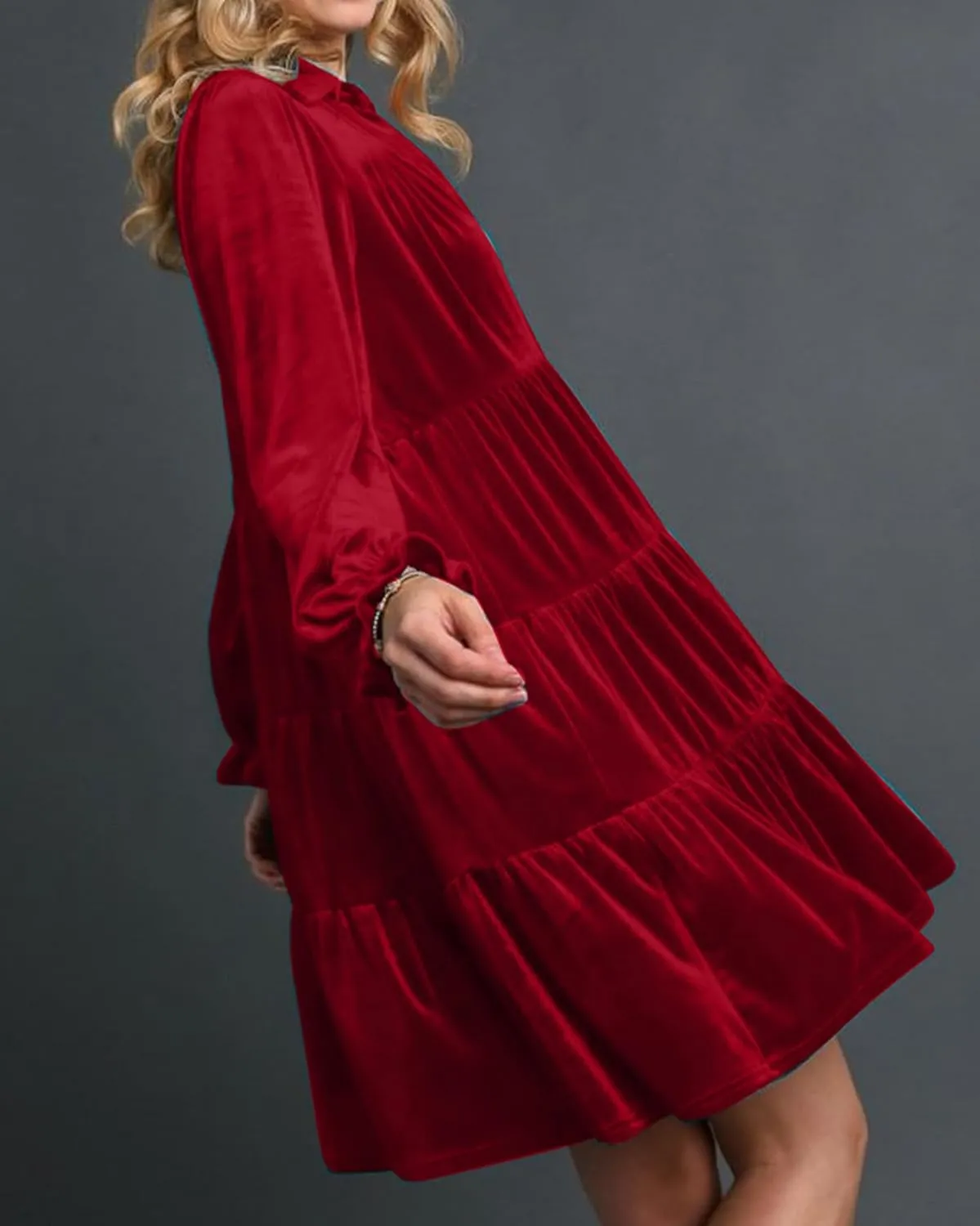 Women Velvet Dress V Neck Long Sleeve Flare Velvet Party Dress Ruffled Tiered Cocktail Dress