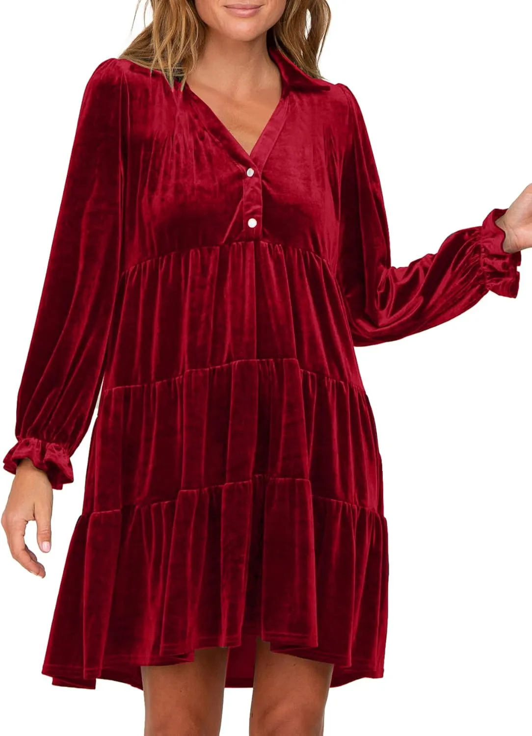 Women Velvet Dress V Neck Long Sleeve Flare Velvet Party Dress Ruffled Tiered Cocktail Dress