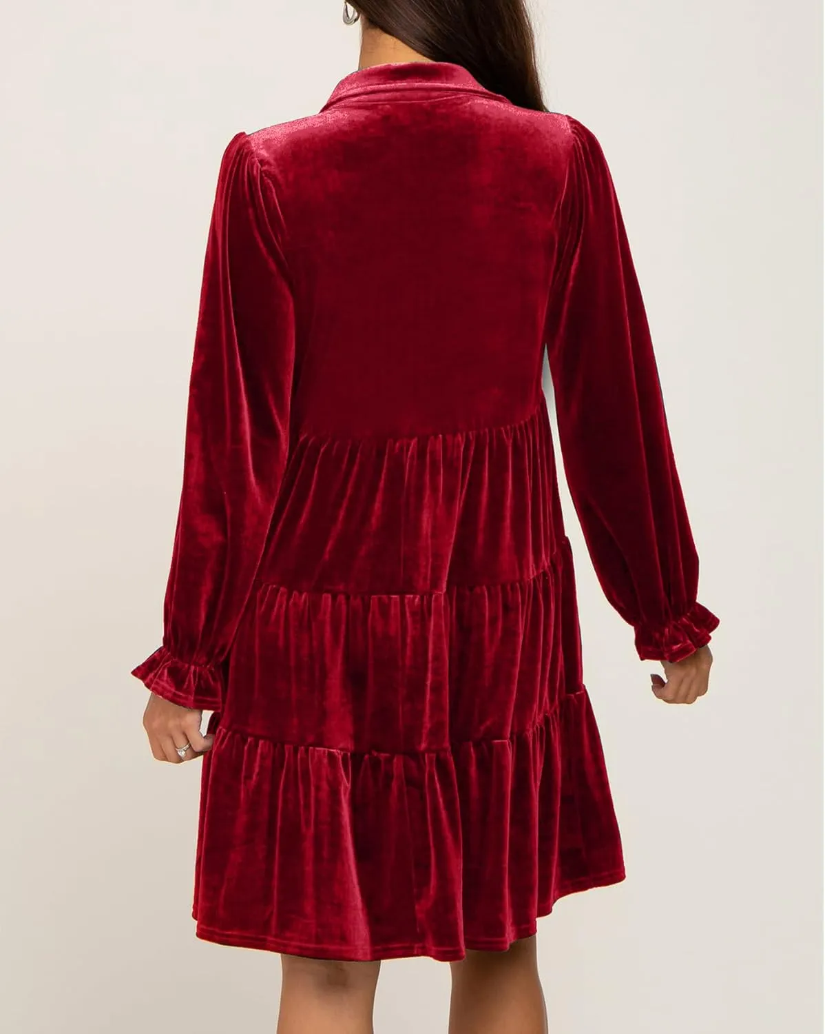 Women Velvet Dress V Neck Long Sleeve Flare Velvet Party Dress Ruffled Tiered Cocktail Dress
