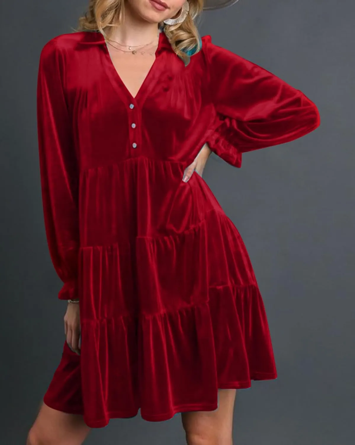 Women Velvet Dress V Neck Long Sleeve Flare Velvet Party Dress Ruffled Tiered Cocktail Dress