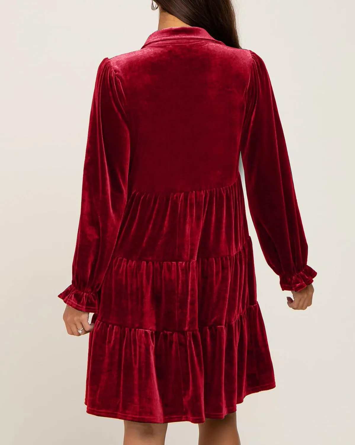 Women Velvet Dress V Neck Long Sleeve Flare Velvet Party Dress Ruffled Tiered Cocktail Dress