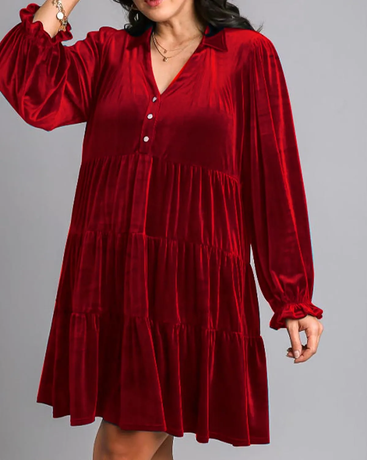 Women Velvet Dress V Neck Long Sleeve Flare Velvet Party Dress Ruffled Tiered Cocktail Dress
