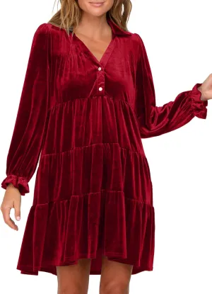 Women Velvet Dress V Neck Long Sleeve Flare Velvet Party Dress Ruffled Tiered Cocktail Dress