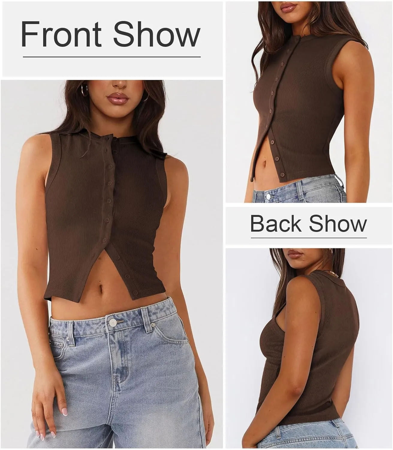 Womens Button Down Tank Top Sleeveless Ribbed Fitted Vest Casual Crewneck Trendy Y2K Going Out Crop Knit Vest Top