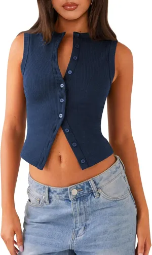 Womens Button Down Tank Top Sleeveless Ribbed Fitted Vest Casual Crewneck Trendy Y2K Going Out Crop Knit Vest Top