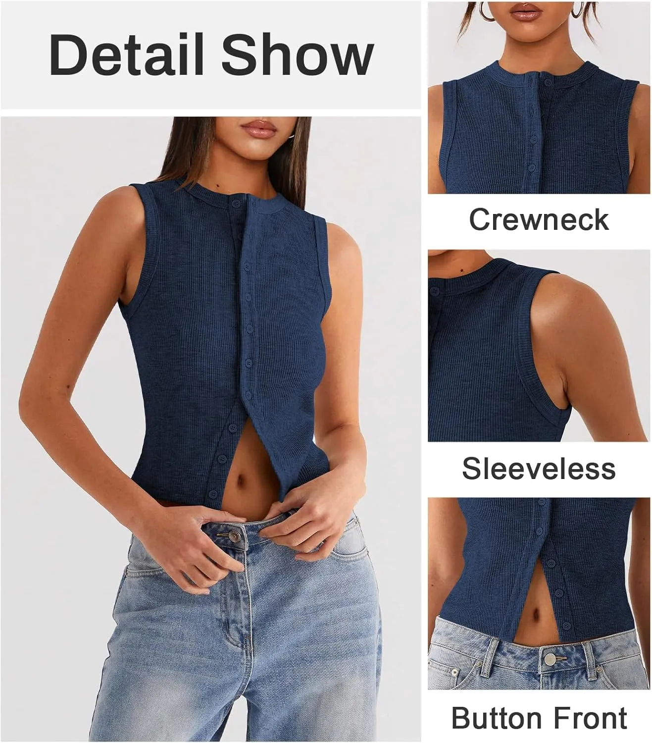 Womens Button Down Tank Top Sleeveless Ribbed Fitted Vest Casual Crewneck Trendy Y2K Going Out Crop Knit Vest Top