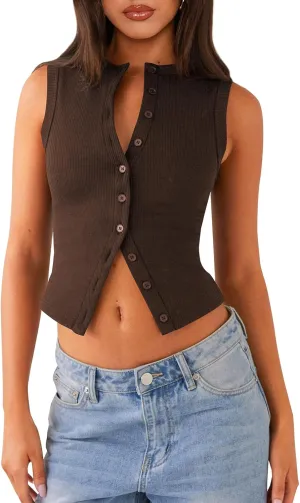Womens Button Down Tank Top Sleeveless Ribbed Fitted Vest Casual Crewneck Trendy Y2K Going Out Crop Knit Vest Top