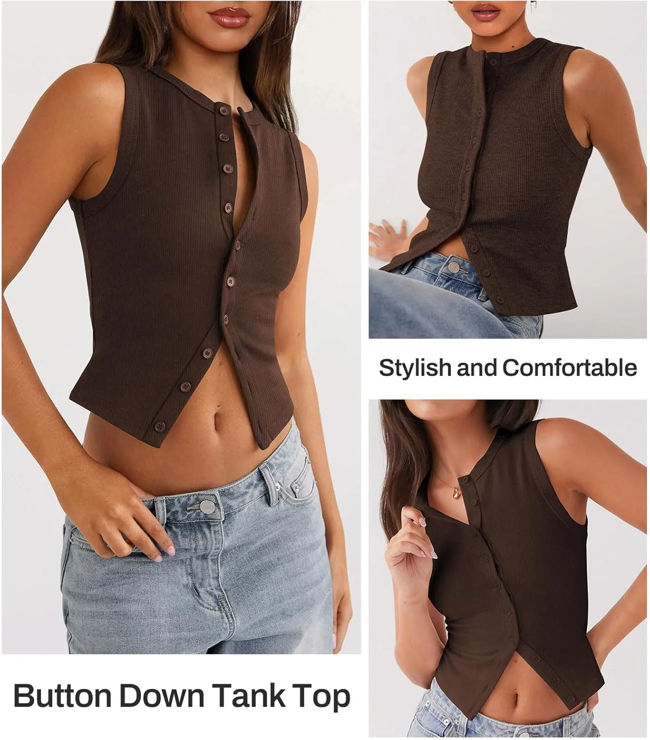 Womens Button Down Tank Top Sleeveless Ribbed Fitted Vest Casual Crewneck Trendy Y2K Going Out Crop Knit Vest Top