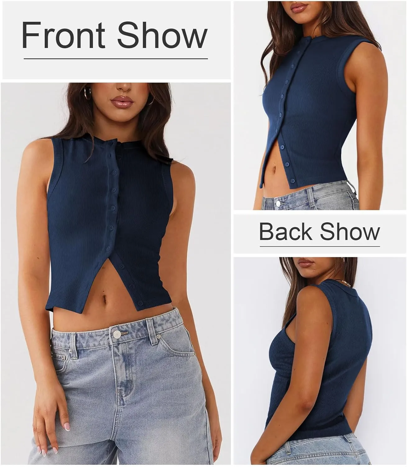 Womens Button Down Tank Top Sleeveless Ribbed Fitted Vest Casual Crewneck Trendy Y2K Going Out Crop Knit Vest Top