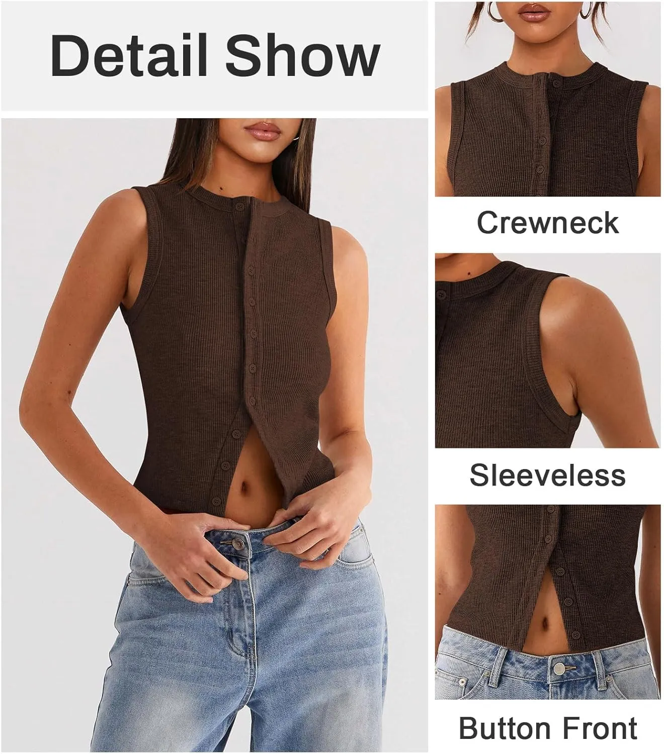 Womens Button Down Tank Top Sleeveless Ribbed Fitted Vest Casual Crewneck Trendy Y2K Going Out Crop Knit Vest Top