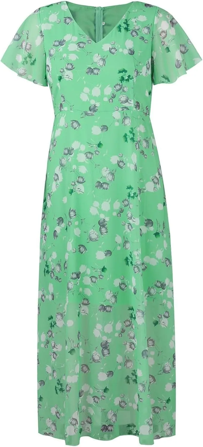 Womens Floral Maxi Dress Summer Short Sleeve Boho Wedding Guest Dress Empire Waist Chiffon Modest Midi Dresses