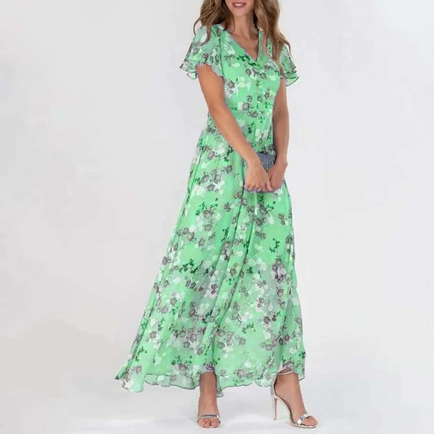 Womens Floral Maxi Dress Summer Short Sleeve Boho Wedding Guest Dress Empire Waist Chiffon Modest Midi Dresses