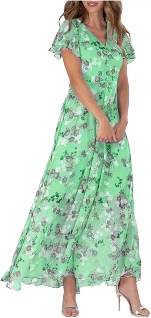 Womens Floral Maxi Dress Summer Short Sleeve Boho Wedding Guest Dress Empire Waist Chiffon Modest Midi Dresses