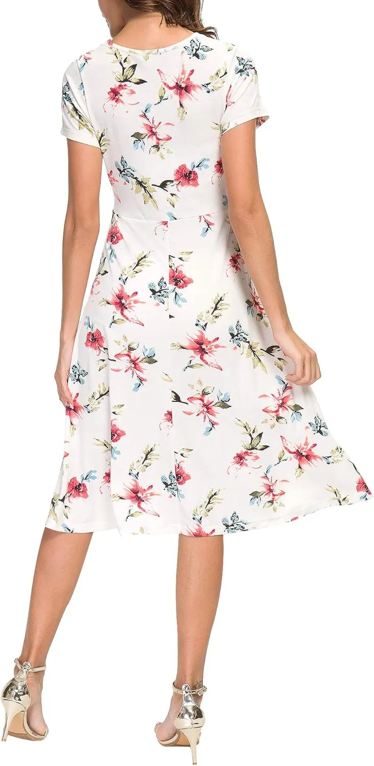 Women's Floral Printed Dress High Waist Midi Dress Short Sleeve