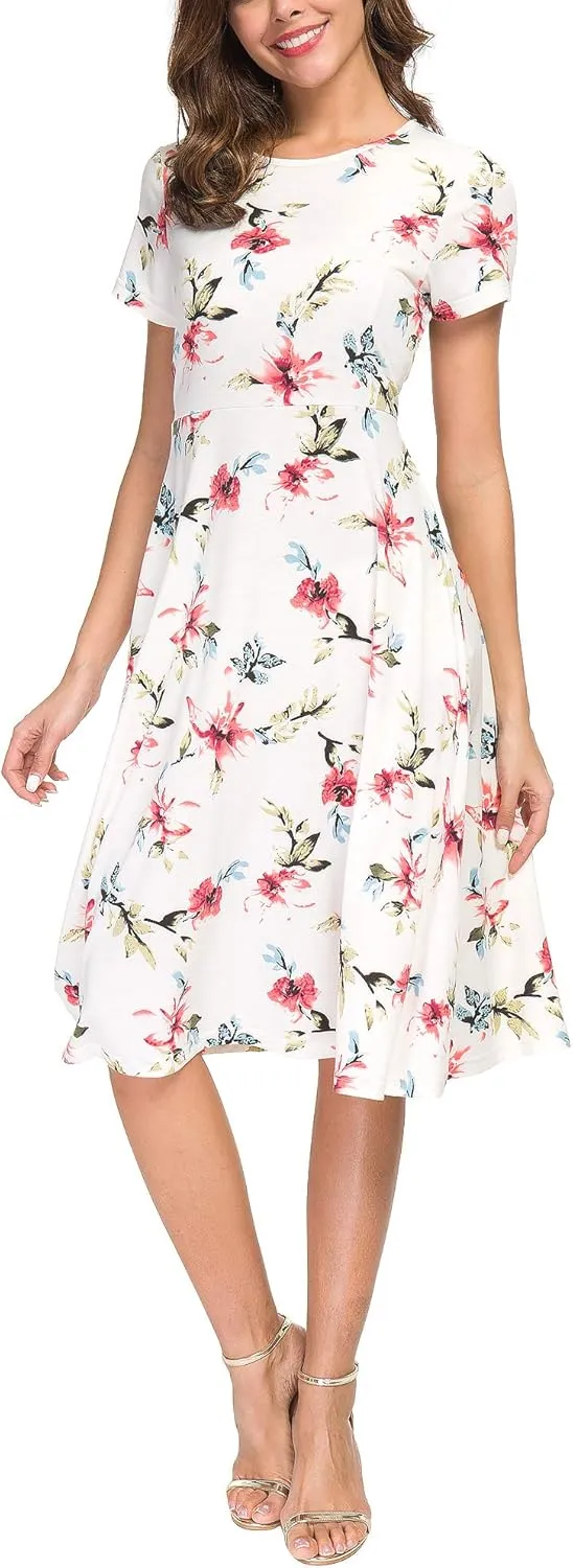 Women's Floral Printed Dress High Waist Midi Dress Short Sleeve