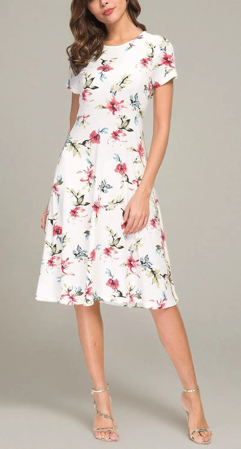 Women's Floral Printed Dress High Waist Midi Dress Short Sleeve