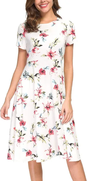 Women's Floral Printed Dress High Waist Midi Dress Short Sleeve