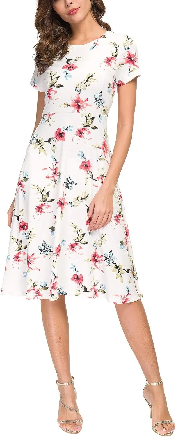 Women's Floral Printed Dress High Waist Midi Dress Short Sleeve