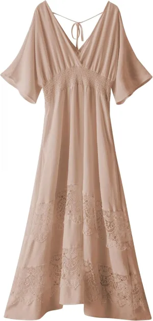 Women's Lace Maxi Dress Short Sleeve V Neck Party Dress Smocked Waist Boho Maxi Dress Bohemian Dress for Women