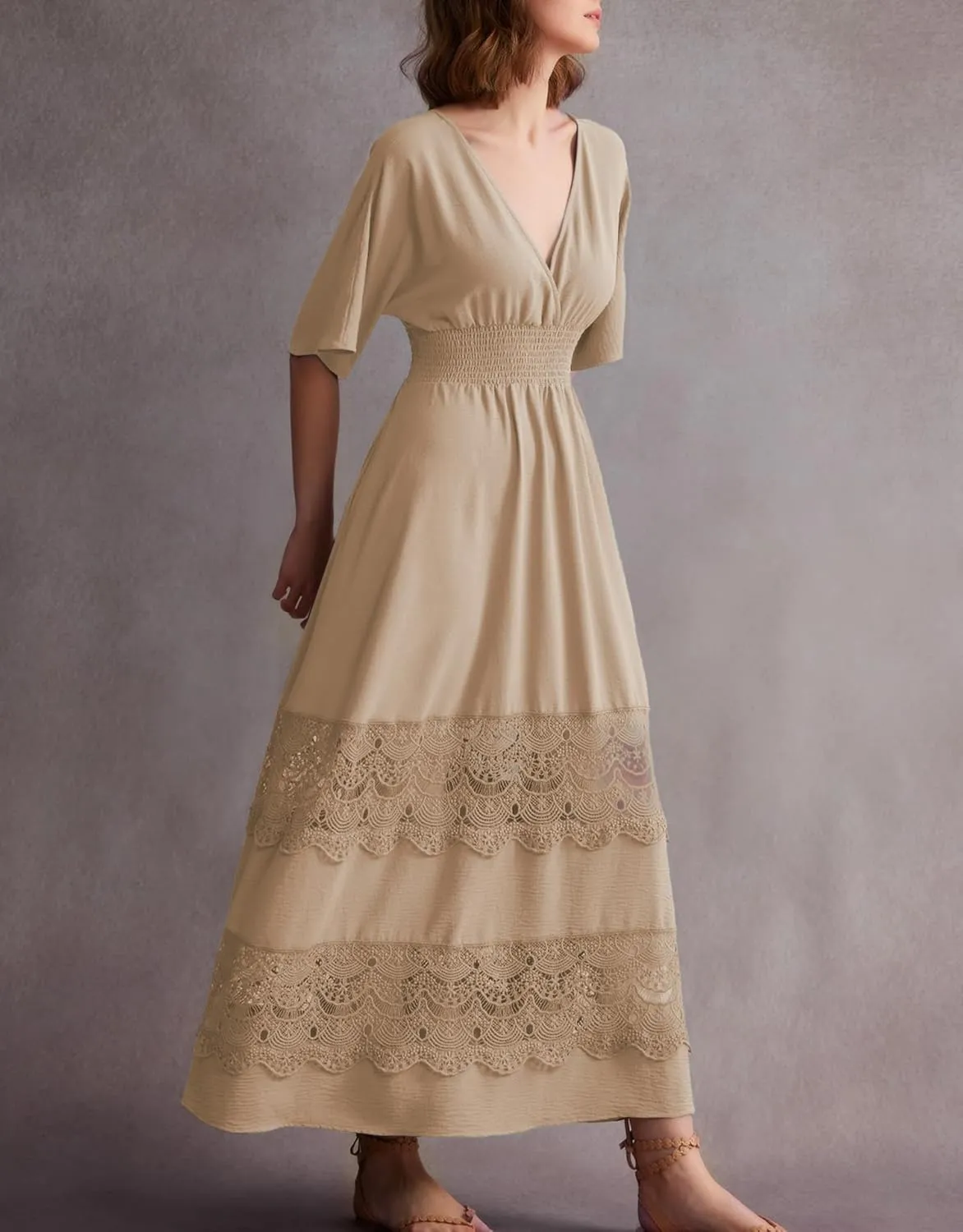 Women's Lace Maxi Dress Short Sleeve V Neck Party Dress Smocked Waist Boho Maxi Dress Bohemian Dress for Women