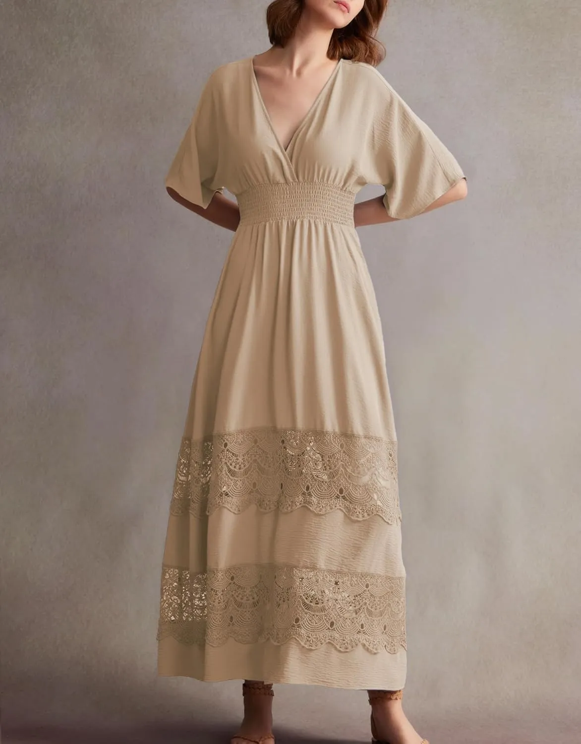 Women's Lace Maxi Dress Short Sleeve V Neck Party Dress Smocked Waist Boho Maxi Dress Bohemian Dress for Women