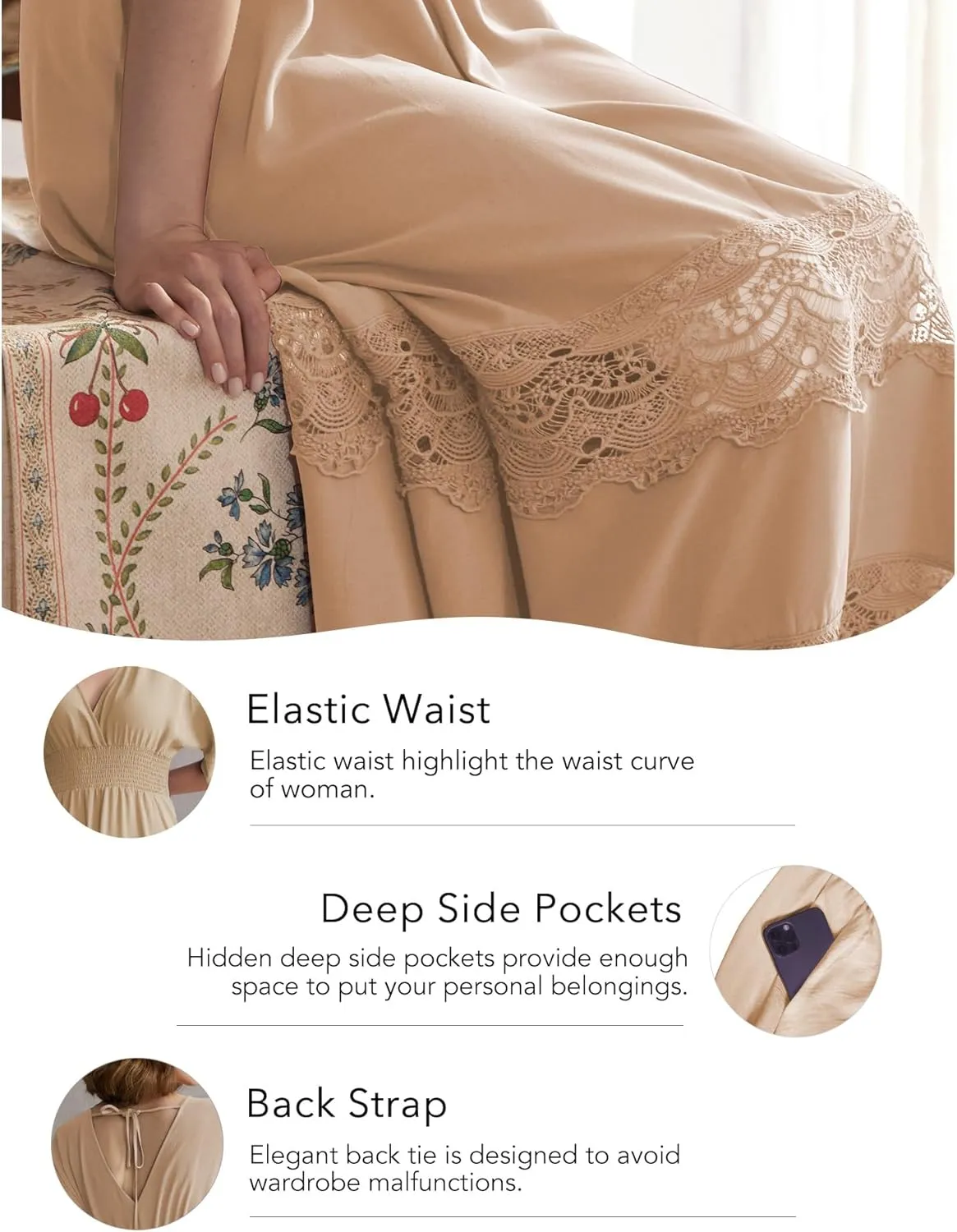 Women's Lace Maxi Dress Short Sleeve V Neck Party Dress Smocked Waist Boho Maxi Dress Bohemian Dress for Women