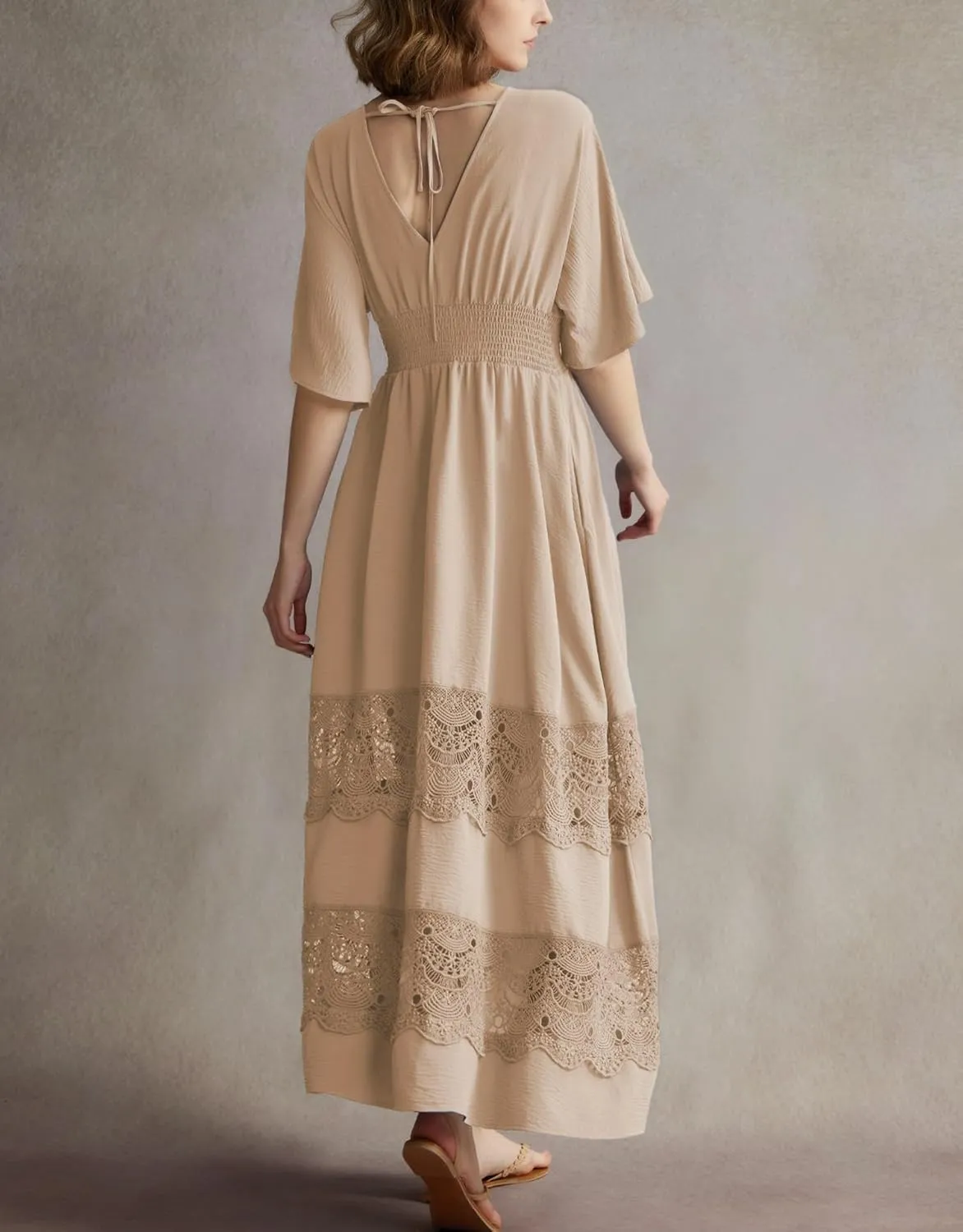Women's Lace Maxi Dress Short Sleeve V Neck Party Dress Smocked Waist Boho Maxi Dress Bohemian Dress for Women