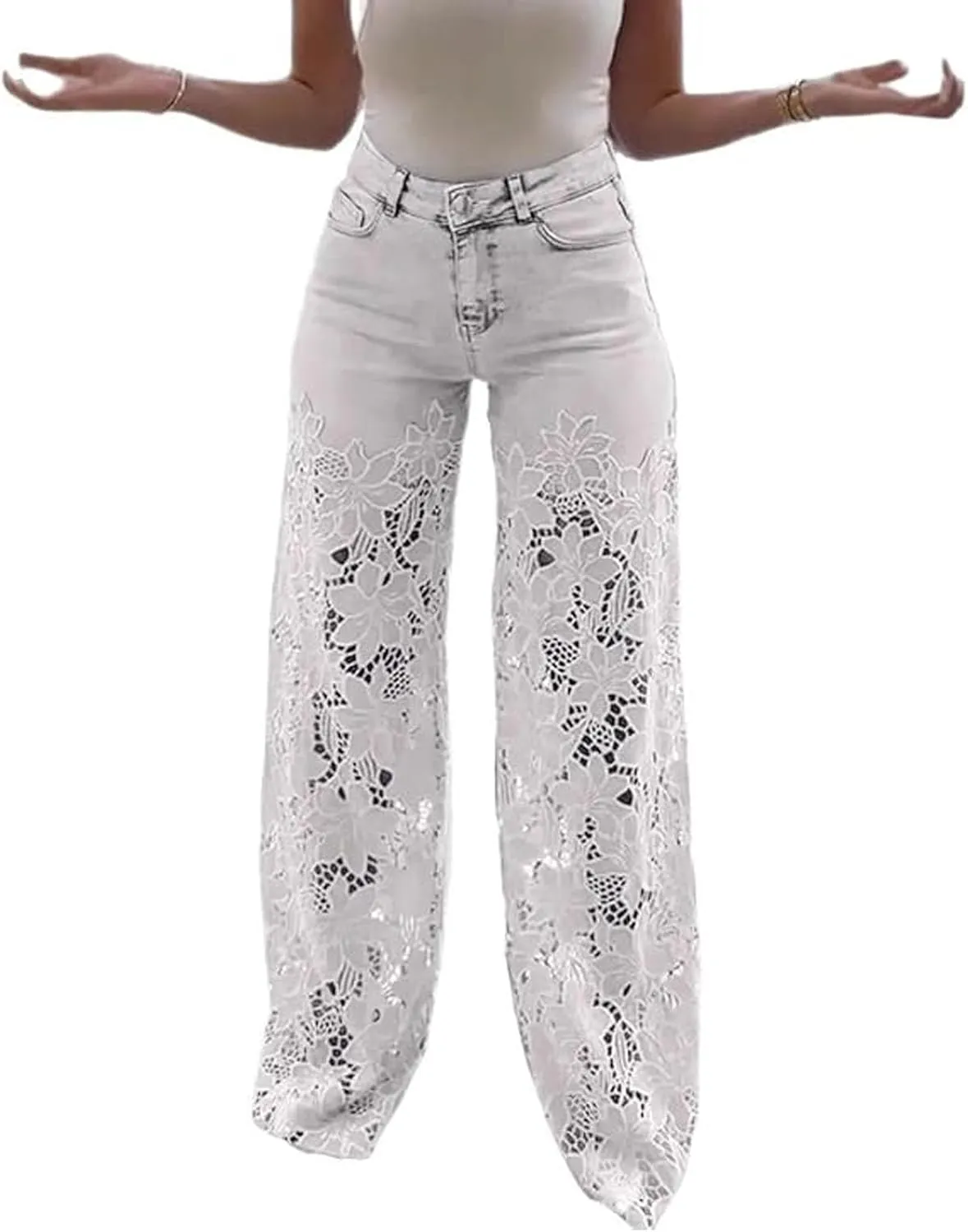 Women's Lace Patchwork Hollow Jeans, Casual Vintage Baggy Straight Wide Leg Denim Pants, Flower Lace Jeans