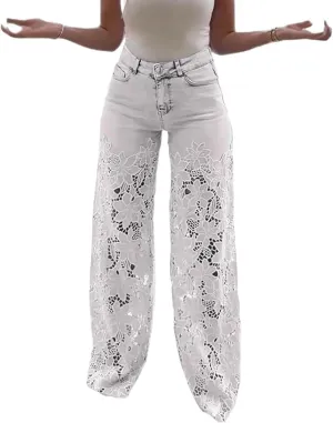 Women's Lace Patchwork Hollow Jeans, Casual Vintage Baggy Straight Wide Leg Denim Pants, Flower Lace Jeans