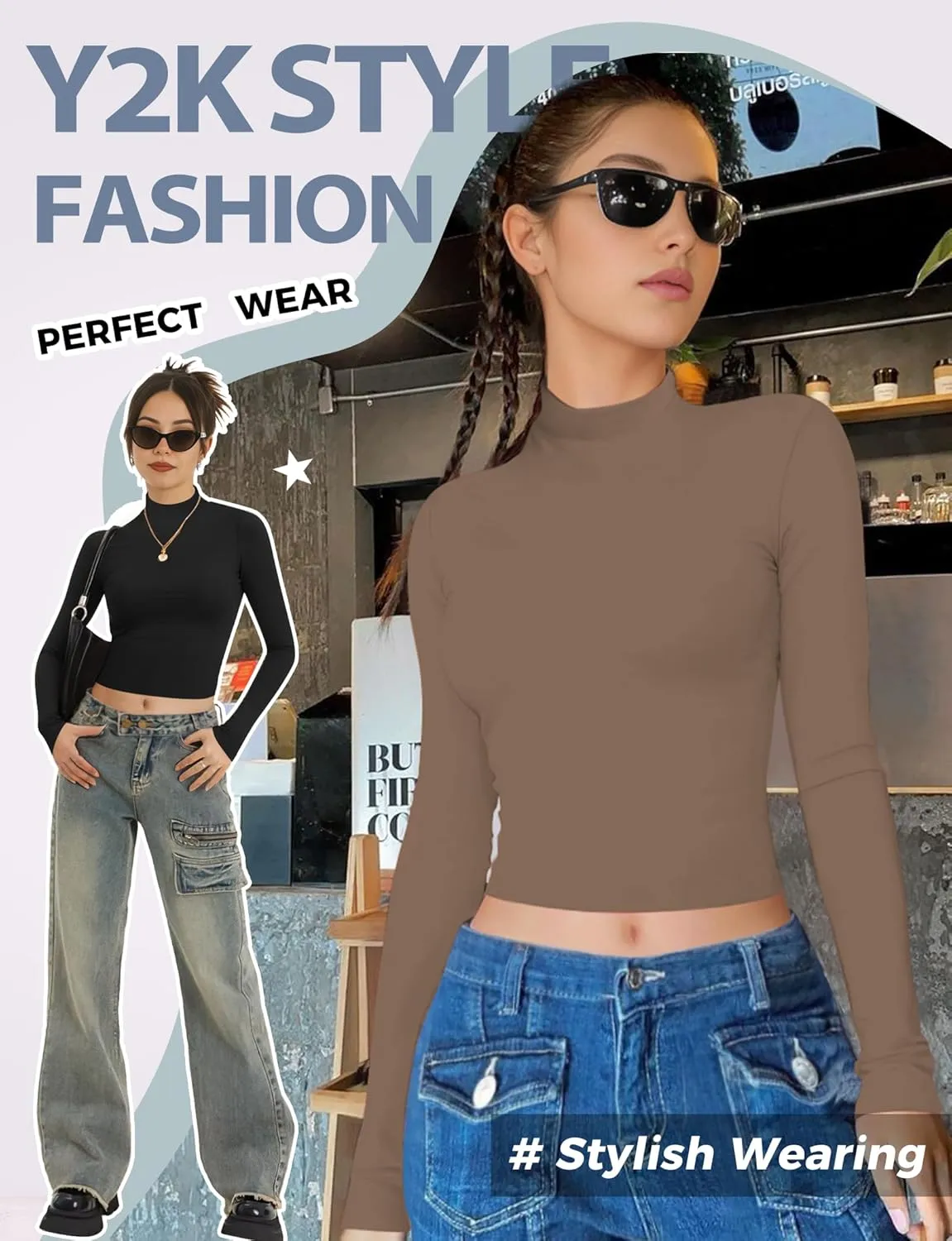 Womens Long Sleeve Crop Top Mock Turtleneck Sexy Slim Fitted Casual Base Layer Lightweight Soft Shirt Going Out Teen Sexy Top