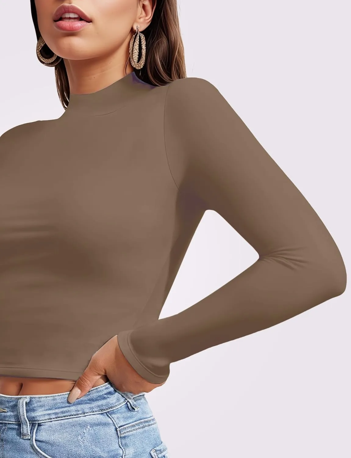Womens Long Sleeve Crop Top Mock Turtleneck Sexy Slim Fitted Casual Base Layer Lightweight Soft Shirt Going Out Teen Sexy Top