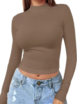 Womens Long Sleeve Crop Top Mock Turtleneck Sexy Slim Fitted Casual Base Layer Lightweight Soft Shirt Going Out Teen Sexy Top