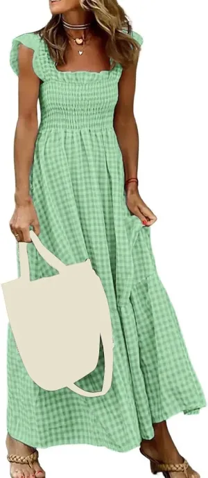 Womens Retro Plaid Smocked Dress Casual Summer Spaghetti Strap Square Neck Midi Dress Flowy A Line Long Dresses