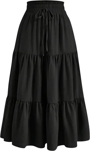 Womens Summer Casual A-Line Long Skirt Tiered High Waist Beach Outfits Elastic Waist Bohemian Print Maxi Skirt
