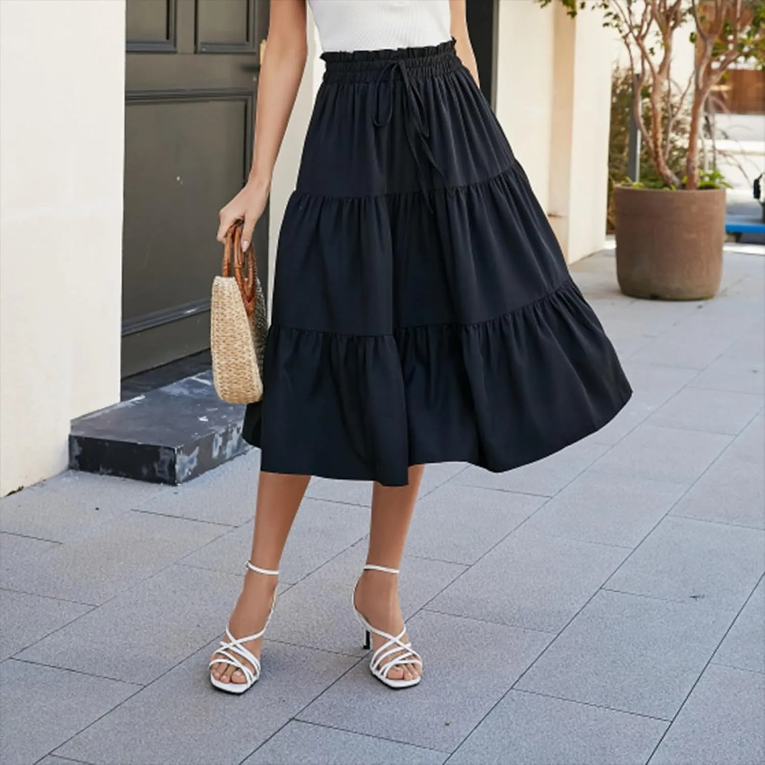 Womens Summer Casual A-Line Long Skirt Tiered High Waist Beach Outfits Elastic Waist Bohemian Print Maxi Skirt