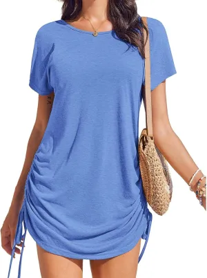 Womens Summer Casual Shift Dresses Beach Vacation Short Sleeve Round Neck Side Drawstring Mini Dress Tshirt Sundress