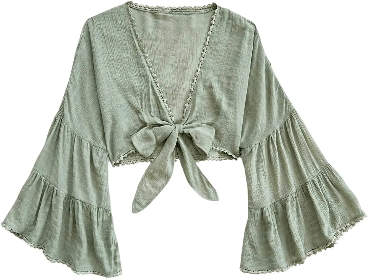 Women's Tie Bow Front Cardigan Long Bell Sleeve Blouse Crop Top Shirt Casual Deep V Neck Top