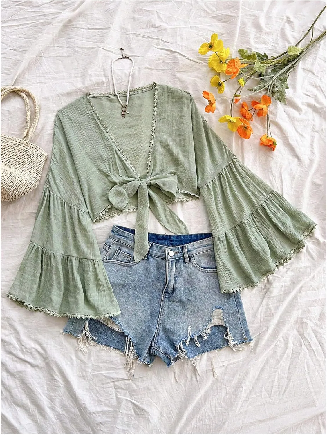 Women's Tie Bow Front Cardigan Long Bell Sleeve Blouse Crop Top Shirt Casual Deep V Neck Top