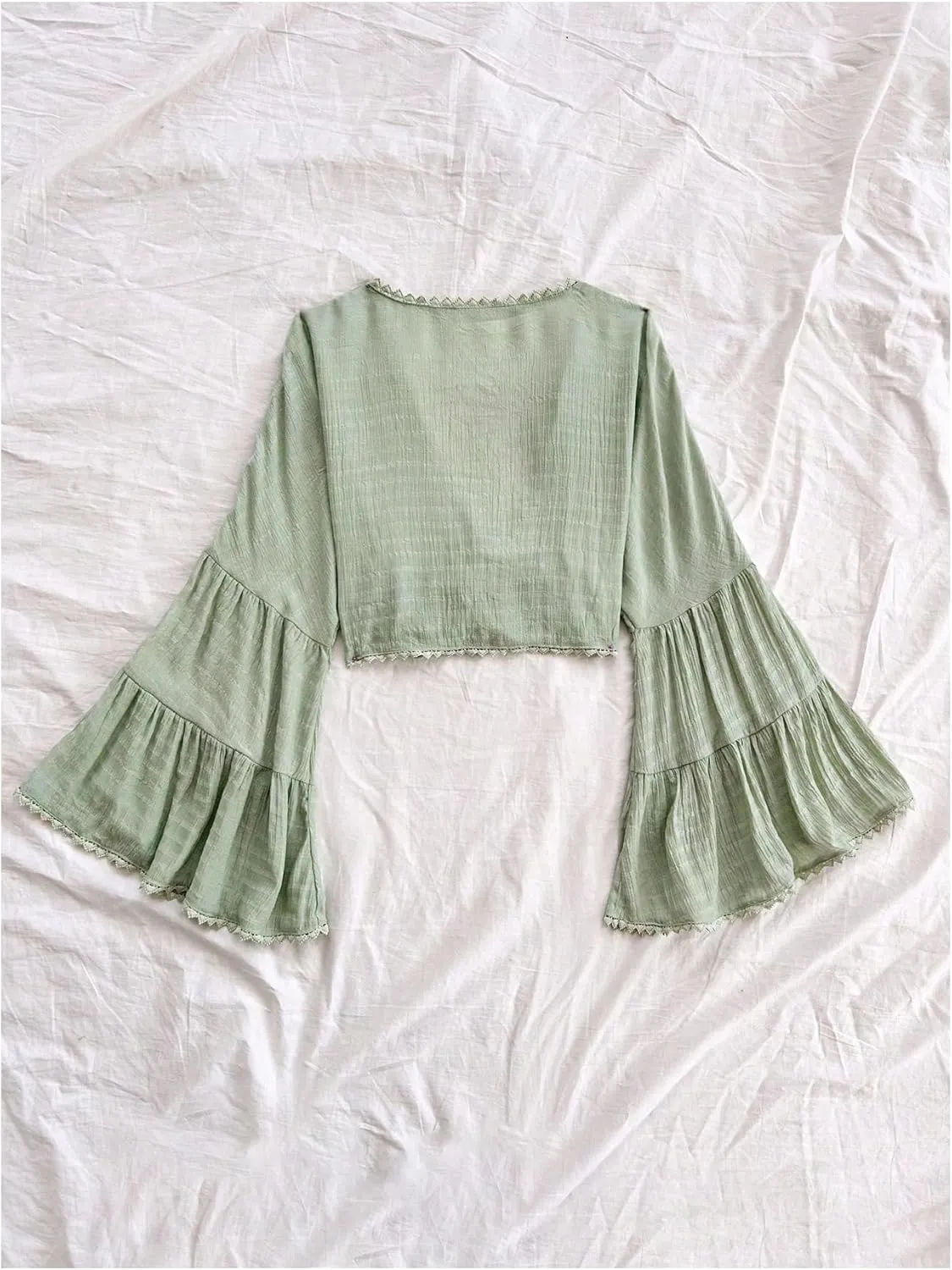 Women's Tie Bow Front Cardigan Long Bell Sleeve Blouse Crop Top Shirt Casual Deep V Neck Top