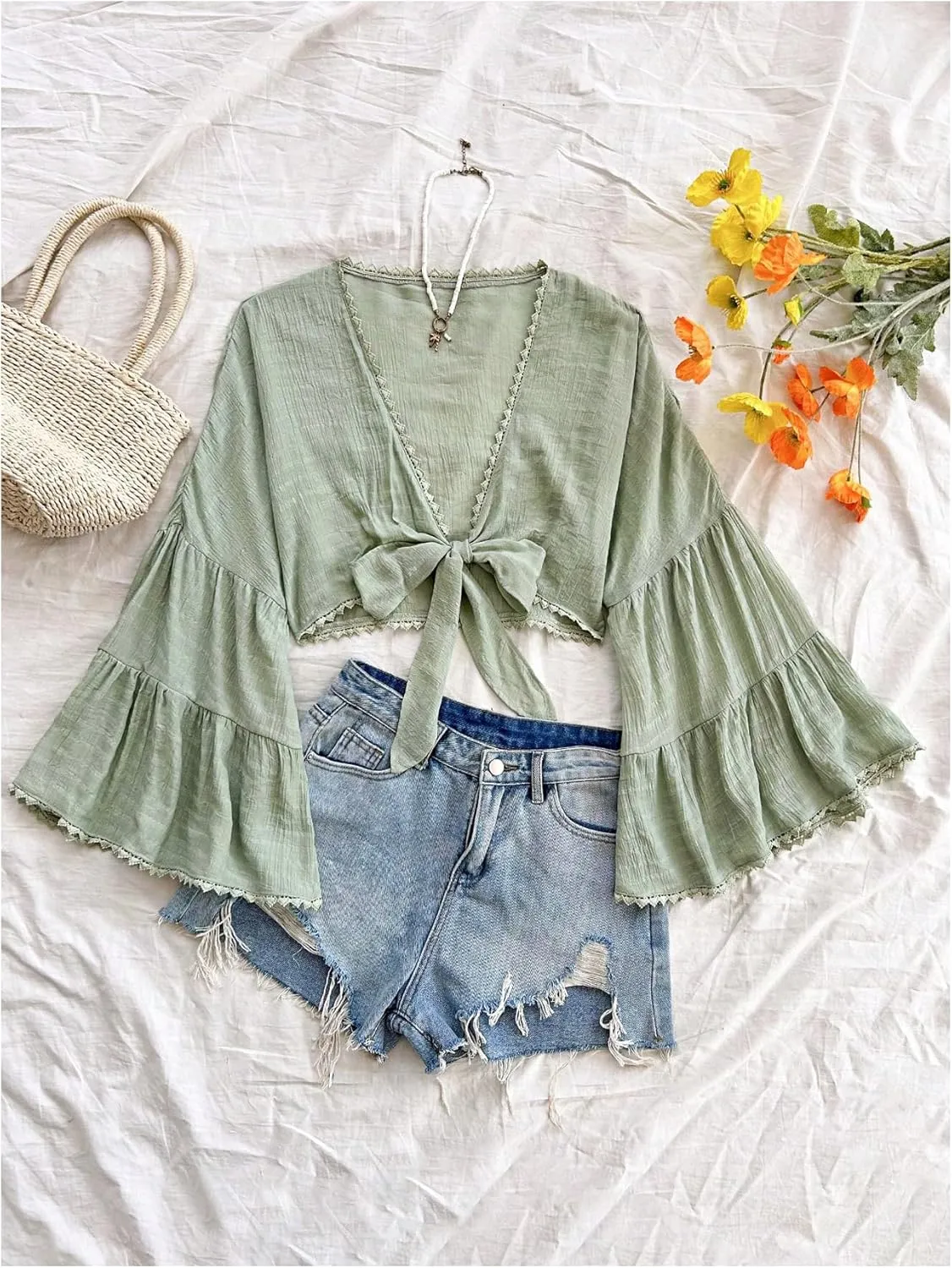 Women's Tie Bow Front Cardigan Long Bell Sleeve Blouse Crop Top Shirt Casual Deep V Neck Top