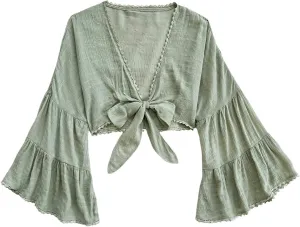 Women's Tie Bow Front Cardigan Long Bell Sleeve Blouse Crop Top Shirt Casual Deep V Neck Top