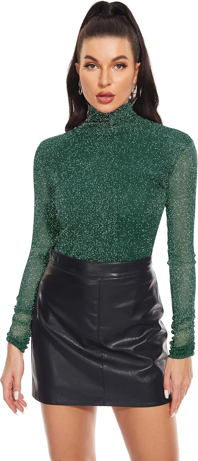 Women's Turtleneck Top Long Sleeve Slim Fit Shirts Mesh Sheer See Through Casual Top